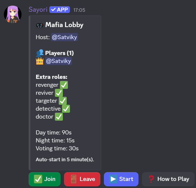 An image showing a discord messege sent by a bot. The message contains an embed with 4 buttons. The embed's title says 'Mafia lobby' The embed also features the name of the lobby host, players joined, roles toggled on and information about the time asigned for day,night and voting phases. The buttons at bottom are titled as Join, Leave, Start and How to play